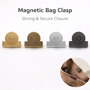 Puede incluir: Cuatro cierres magnéticos para bolsos en oro, bronce, plata y negro. Cada cierre tiene un disco magnético redondo unido a una base rectangular. El texto "Magnetic Bag Clasp" y "Strong & Secure Closure" está en la parte superior.