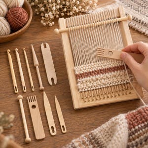 May include: A wooden weaving loom with vertical warp threads and a partially woven textile featuring cream and brown horizontal stripes. The set includes various wooden weaving tools, including crochet hooks, a shuttle, and a weaving comb.