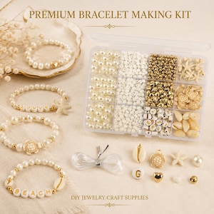 May include: A premium bracelet making kit featuring a clear plastic organizer box filled with white pearls, gold beads, letter beads, and sea-themed charms. Four finished bracelets with pearls, gold accents, and charms are displayed alongside.