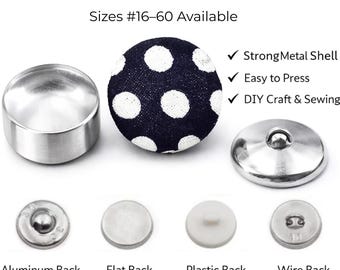 May include: A premium covered button kit with the text "100 SETS" and "Sizes #16-60 Available". The kit includes a metal shell, a navy blue button with white polka dots, and various backings: aluminum, flat, plastic, and wire. Features include a strong metal shell and easy pressing.
