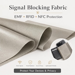 May include: A close-up of a silver-colored signal-blocking fabric, with the text "Signal Blocking Fabric" at the top. The fabric is draped and folded, with a phone and wallet in the corner. The text "EMF, RFID, NFC Protection" is also visible.