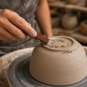May include: A pottery trimming tool with a dark brown wooden handle and a metal loop blade, being used to carve the base of an inverted light gray clay bowl on a pottery wheel, with small clay shavings visible on the surface of the bowl.