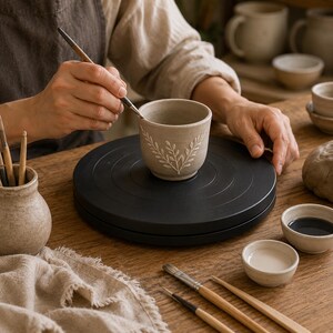 Black rotating pottery wheel used for trimming and detailing a handmade clay vessel