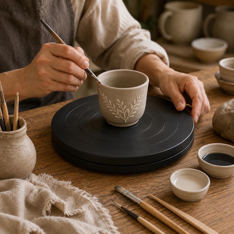Black rotating pottery wheel used for trimming and detailing a handmade clay vessel