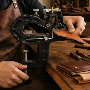 May include: A black metal leather skiving machine with a C-clamp base, featuring adjustable tension knobs and a sharp blade mechanism. The tool is mounted to a wooden workbench and is currently being used to thin a piece of tan leather material.