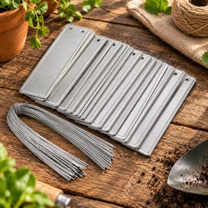 Op de afbeelding: Een set rechthoekige zilverkleurige metalen plantenlabels met afgeronde hoeken en een enkel gat aan de bovenkant, vergezeld van een bundel dunne, flexibele zilverkleurige metalen draden voor bevestiging, gestapeld op een houten oppervlak.