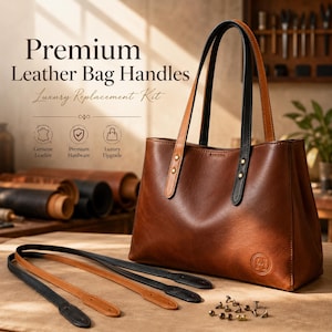 Może przedstawiać: Brązowa skórzana torba z dwoma czarnymi i dwoma brązowymi skórzanymi uchwytami. Tekst głosi Premium Leather Bag Handles Luxury Replacement Kit. W zestawie znajdują się dodatkowe luźne skórzane paski oraz małe metalowe elementy mocujące.
