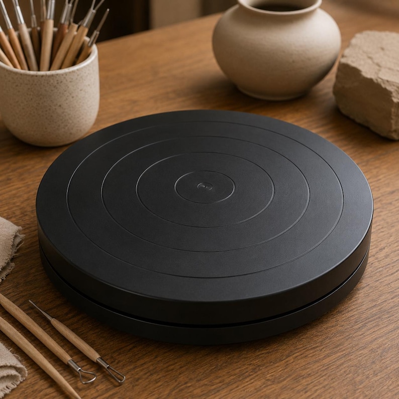 Close-up of black plastic pottery turntable with circular guide grooves