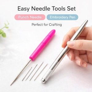 May include: An Easy Needle Tools Set with a pink punch needle, embroidery pen, and several needles. The set includes a silver embroidery pen and a bright pink punch needle. The text on the image says "Perfect for Crafting."