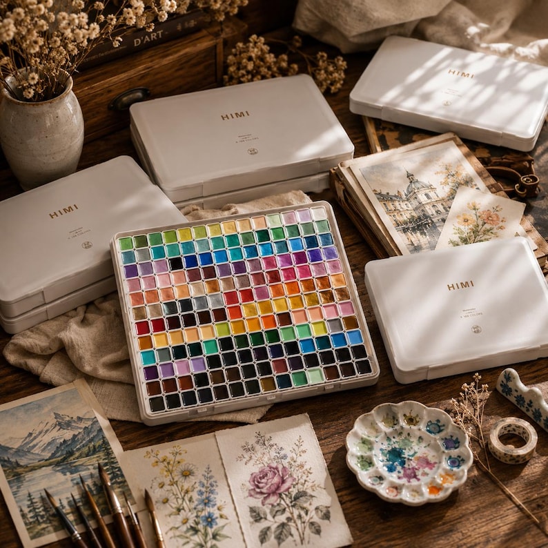 Portable watercolor paint set displayed inside a premium artist studio showing organized colors and travel-friendly design.