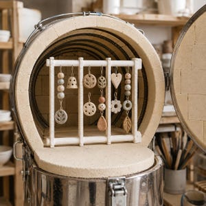 Peut inclure: Un support en bois blanc présente plusieurs ornements en céramique suspendus de formes variées, notamment des cœurs, des fleurs, des feuilles et des cercles. Les pièces aux tons terreux sont accrochées par des crochets métalliques dans un four.