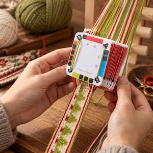 May include: A set of square white plastic weaving cards with black, red, and blue corner markings, featuring the text 'card weaving', 'Made in china', and Chinese characters. The cards are threaded with green, white, and red yarn for weaving.