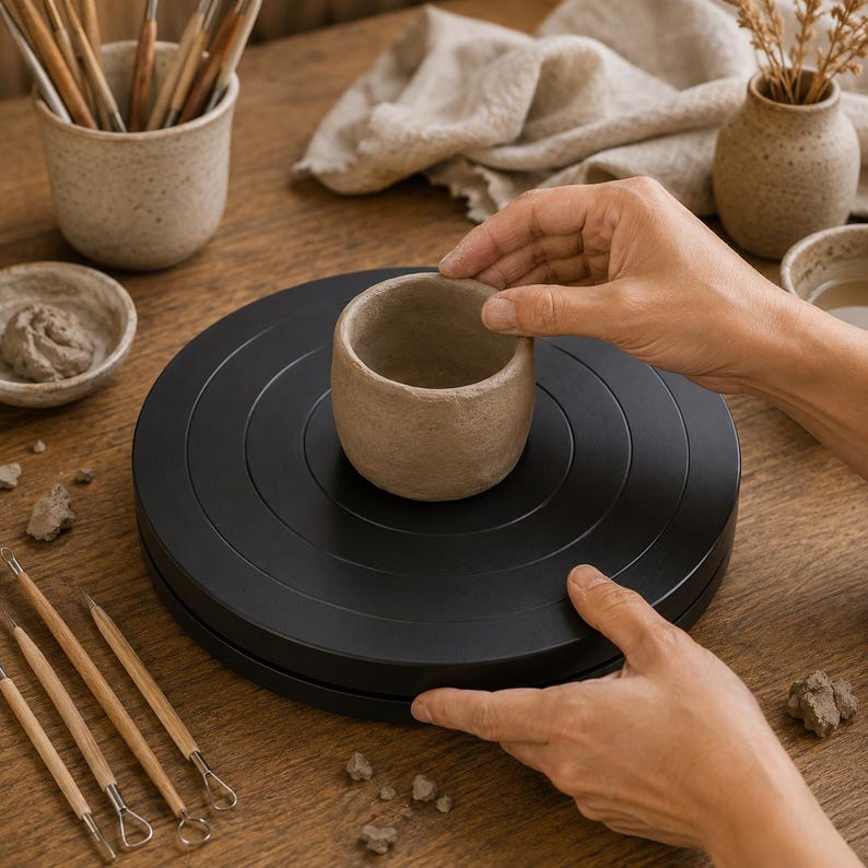 Black pottery turntable supporting a handmade clay piece during sculpting