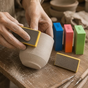 May include: A set of rectangular sanding blocks in blue, red, orange, and green, with a yellow-edged block being used to smooth a light-colored clay cup. The blocks are labeled with the numbers 100, 200, and 400 to indicate grit levels.