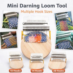 May include: A mini darning loom tool with multiple hook sizes. The image shows the tool with 10, 14, and 28 hooks. The tool is made of wood and metal, with examples of woven fabric in blue, orange, and pink.