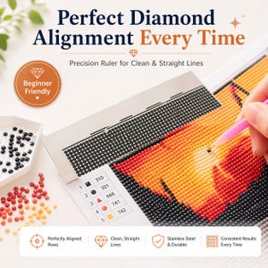 Peut inclure: Un kit de peinture diamant avec une règle de précision pour des lignes nettes et droites. L'image montre un gros plan d'une peinture diamant en cours, avec une main utilisant un stylet rose pour placer un diamant. Le texte dit "Perfect Diamond Alignment Every Time."