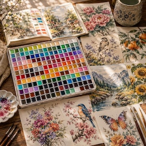 Luxury watercolor paint set surrounded by completed botanical artwork, watercolor paper, brushes, and ceramic mixing palette.