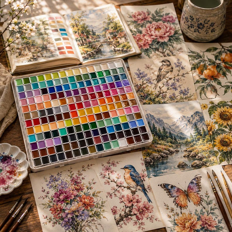 Luxury watercolor paint set surrounded by completed botanical artwork, watercolor paper, brushes, and ceramic mixing palette.