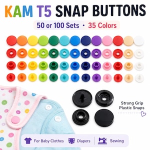 KAM T5 Plastic Snaps Size 20 (50 or 100 Sets), Baby Snap Buttons for Cloth Diapers, Bibs & Sewing