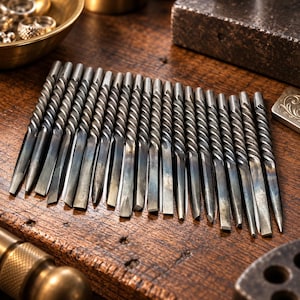 May include: A collection of twenty-two metal chasing tools arranged in a row. Each tool features a dark, tempered steel finish with a distinct twisted, spiral-patterned handle that transitions into a flat, tapered, or pointed working tip.