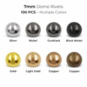 Könnte beinhalten: Eine Auswahl an 7mm Domnieten in verschiedenen Farben: Silber, Nickel, Gunblack, Schwarz Nickel, Gold, Hellgold und Kupfer. Das Bild zeigt mehrere metallische, kugelförmige Nieten, ideal für Bastel- und DIY-Projekte.