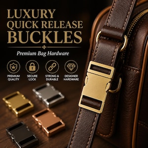 May include: A dark brown leather bag strap featuring a matte gold-toned metal quick-release buckle. The image includes text reading LUXURY QUICK RELEASE BUCKLES, Premium Bag Hardware, and icons labeled PREMIUM QUALITY, SECURE LOCK, STRONG & DURABLE, DESIGNER HARDWARE.