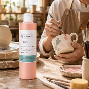 Puede incluir: Una botella cilíndrica de pintura bajo cubierta cerámica de color rosa claro con una tapa blanca abatible. La etiqueta presenta el texto "地下彩水料" y "柔粉玉" con un contenido neto de 500ML. La botella es opaca, lisa y está sobre una superficie de madera.