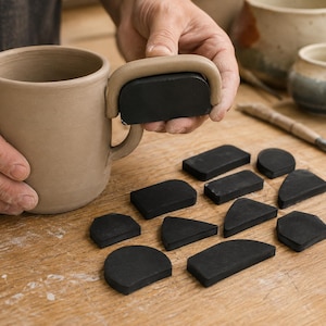 May include: A light brown clay mug with a curved handle being shaped by a black rectangular tool. Several other black clay shaping tools in various geometric forms, including semi-circles, triangles, and rectangles, are arranged nearby.