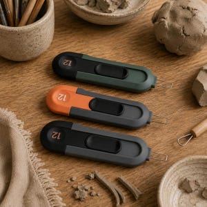 May include: Three handheld clay wire cutters with a sliding black button mechanism and a thin wire loop at one end. Each tool features a rounded top with the number 12 embossed on it. The bodies are colored in dark green, orange, and black.