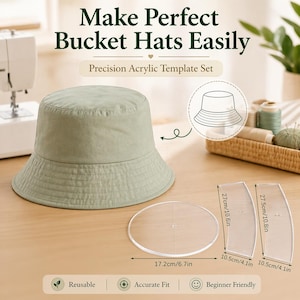 Può includere: Un cappello a secchiello verde salvia accanto a un set di modelli in acrilico di precisione. Il set include un pezzo ovale (17,2 cm) e due pezzi curvi (27,5 cm). Il testo recita "Make Perfect Bucket Hats Easily" e "Riutilizzabile, Vestibilità accurata, Adatto ai principianti".