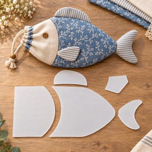 Peut inclure: Une pochette à cordon en forme de poisson avec un motif floral bleu et blanc, des nageoires rayées et un œil en bouton marron, accompagnée de quatre gabarits en acrylique translucide en forme de parties du corps du poisson pour la couture.