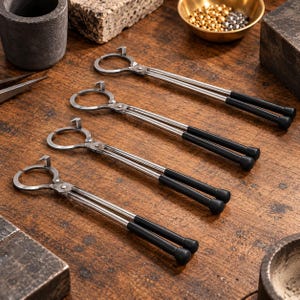 May include: Four metal crucible tongs with circular heads and small protruding hooks. Each tool features long, slender silver-toned shafts and black rubberised grips on the handles, arranged diagonally across the frame for jewellery making.