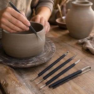 Può includere: Un set di cinque strumenti per scultura in ceramica con manici neri e punte in metallo argentato. Ogni strumento ha una forma distinta, incluse estremità appuntite, a uncino e ad anello, per intagliare e modellare vasi di argilla al tornio.