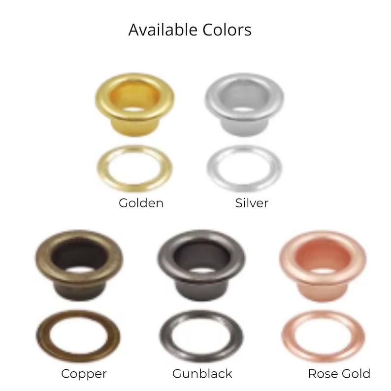 Metal eyelet grommets available in gold silver copper gunblack and rose gold colors