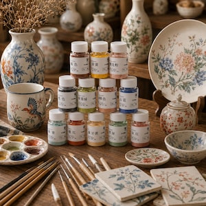 May include: A collection of twelve small clear plastic jars filled with various colored powders, arranged in a pyramid shape. Each jar features a white cap and a label with Chinese text and the weight 30g. The jars are surrounded by ceramic pottery.