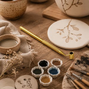 May include: A gold-coloured metal calligraphy pen with a knurled grip and a small cylindrical tip, positioned near a set of five small, scalloped white ceramic dishes containing various coloured paints and several thin paintbrushes.