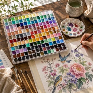 Artist painting colorful floral watercolor illustration using the professional watercolor palette with rich vibrant pigments.