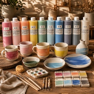 Puede incluir: Un conjunto de suministros para pintar cerámica que incluye once botellas altas de plástico con pintura de colores, cuatro tazas de cerámica, dos cuencos, un plato pequeño, una paleta de cerámica, tres pinceles, una esponja y ocho azulejos rectangulares.