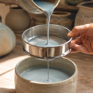 May include: A stainless steel circular sieve held over a wide, speckled beige ceramic bowl. A smooth, light blue liquid is being poured from a ceramic vessel through the fine mesh of the sieve, creating a continuous stream into the bowl below.