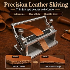 Pode incluir: Uma ferramenta de corte de couro de metal com o texto "Precision Leather Skiving". A ferramenta é mostrada em uso, moldando uma tira de couro marrom. A imagem inclui o texto "Adjustable", "Clean Cuts" e "Durable Steel".