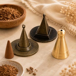 Puede incluir: Tres quemadores de incienso de metal con bases circulares, incluyendo dos quemadores en tono bronce antiguo con tapas cónicas y piramidales, y un quemador cónico en tono dorado pulido con un pequeño orificio superior, junto a un cono de incienso marrón.