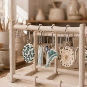 May include: A light-coloured wooden rack holds several ceramic ornaments hanging from metal hooks. The ornaments feature various shapes and designs, including a round piece with green leaves, a rectangular blue swirl, and a flower-shaped pendant.