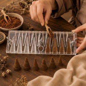 May include: A clear acrylic mould for incense cones featuring multiple triangular cavities with intricate patterns. The mould is secured with metal wing nuts on both sides. Several finished brown incense cones with embossed designs are arranged below.