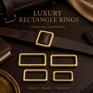 Puede incluir: Anillos rectangulares de metal dorado para correas de bolsos. La imagen muestra cuatro anillos rectangulares individuales y un anillo unido a una correa de cuero marrón. El texto dice: LUXURY RECTANGLE RINGS, Premium Bag Strap Hardware, Elegant, Durable, Professional.