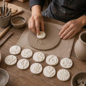 Peut inclure: Un ensemble de douze tampons en céramique blanche de forme ronde avec des motifs botaniques et célestes en relief, incluant des feuilles, des spirales et un soleil, disposés sur une surface en bois près d'un disque d'argile plat estampé.