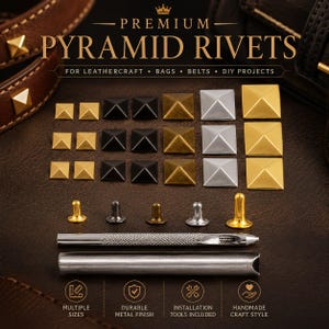 Könnte beinhalten: Eine Auswahl an pyramidenförmigen Nieten in Gold, Silber und Schwarz. Das Bild zeigt verschiedene Größen und enthält Werkzeuge zur Installation. Der Text lautet "PREMIUM PYRAMID RIVETS" und "FOR LEATHERCRAFT • BAGS • BELTS • DIY PROJECTS."