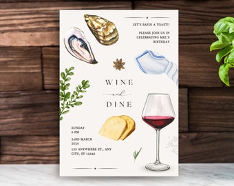 Wine And Dine Birthday Invitation, Dinner Party, Digital Template Instant Download, Adult Party Invite, Canva Printable, Personalized