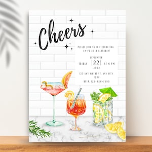 Editable Cocktail Birthday Invitation, Cheers, Digital Template Instant Download, Adult Party Invite, Canva Printable, Personalized