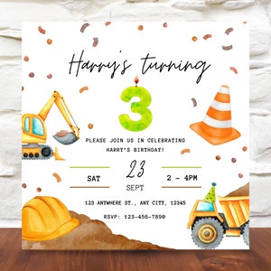 Convite editável de 3º aniversário para construção, escavadeira, caminhão, download instantâneo de modelo, convite quadrado, Canva para impressão, personalizado