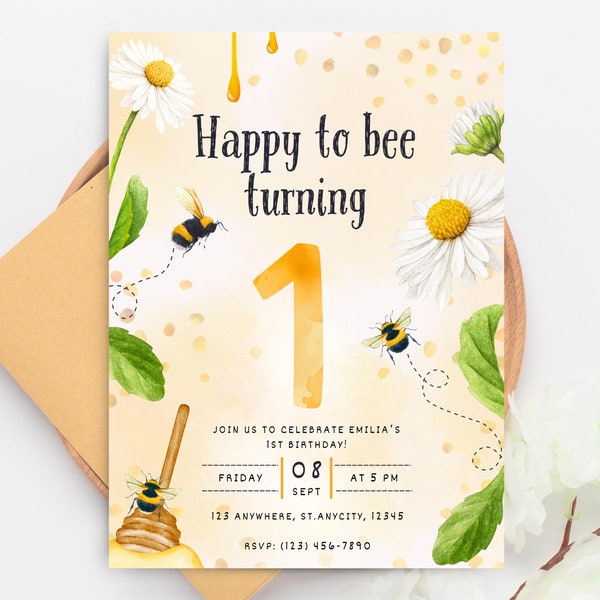 Editable Bee Birthday Invitation, First Birthday, Honey, Digital Template Instant Download, Kids Party Invite Printable, Personalized